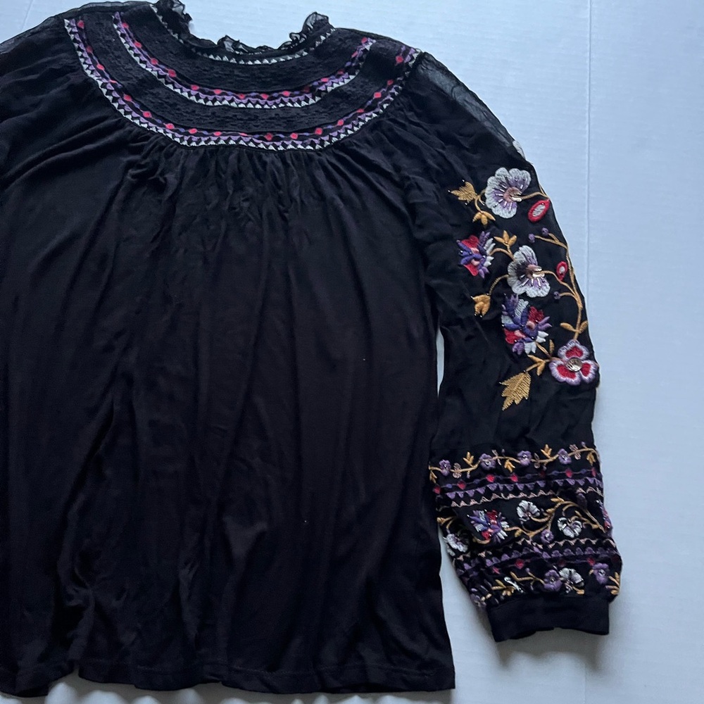 Akemi + Kin Louise Black Floral Embroidery Sheer Long Sleeve Boho Peasant Top - Picture 9 of 16